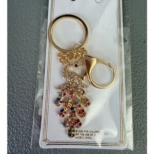 Rhinestone Peacock Bag Charm Keychain Gold Multicolor Crystal